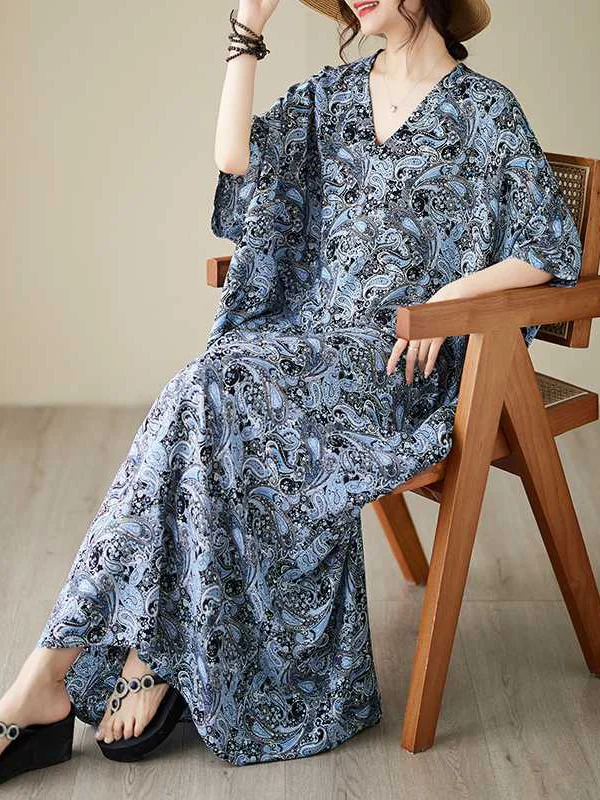 Printed Batwing Sleeves Loose V-Neck Maxi Dresses