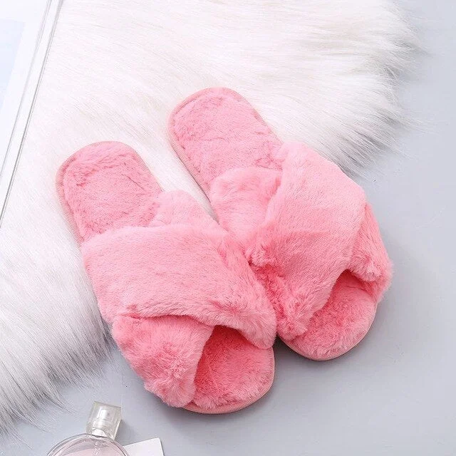 2021 Winter Women House Slippers Faux Fur Fashion Cross Warm Shoes Woman Flats Female Open Toes Slides Pink Cozy  Furry Slippers