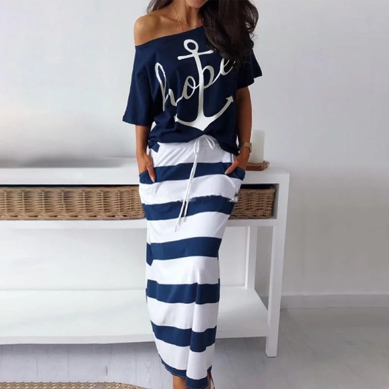 Women Two Piece Set Dress Hope Boat Anchor Print Off Shoulder T-Shirt Top Striped Skirt Sets Summer  Casual 2 Piece Skirt Sets