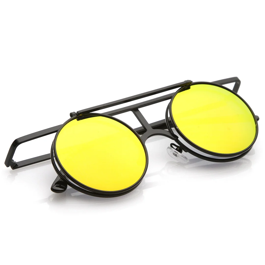 Steampunk Flip Up Cover Flat Top Colored Mirror Clear Lens Round glasses 44mm