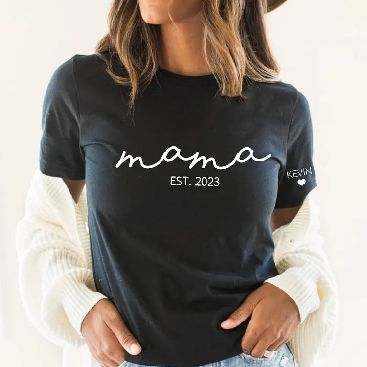 Personalised Chest Text Customization Mama Est Year T-shirt, with Children's Names on the Sleeve, Mother's Day Gift