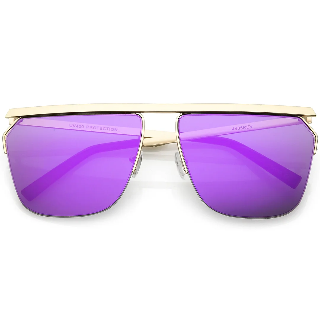 Overesize Modern Semi Rimless Aviator glasses Straight Crossbar Color Mirrored Flat Lens 63mm