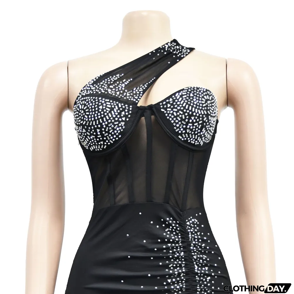 Women's Fashion Solid Color Beaded Mesh Sleeveless Slash Shoulder Dress