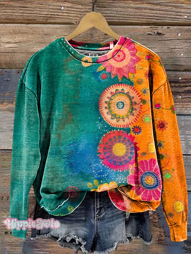 Vintage Love And Peace Flower Art Print Casual Sweatshirt Multicolor / S