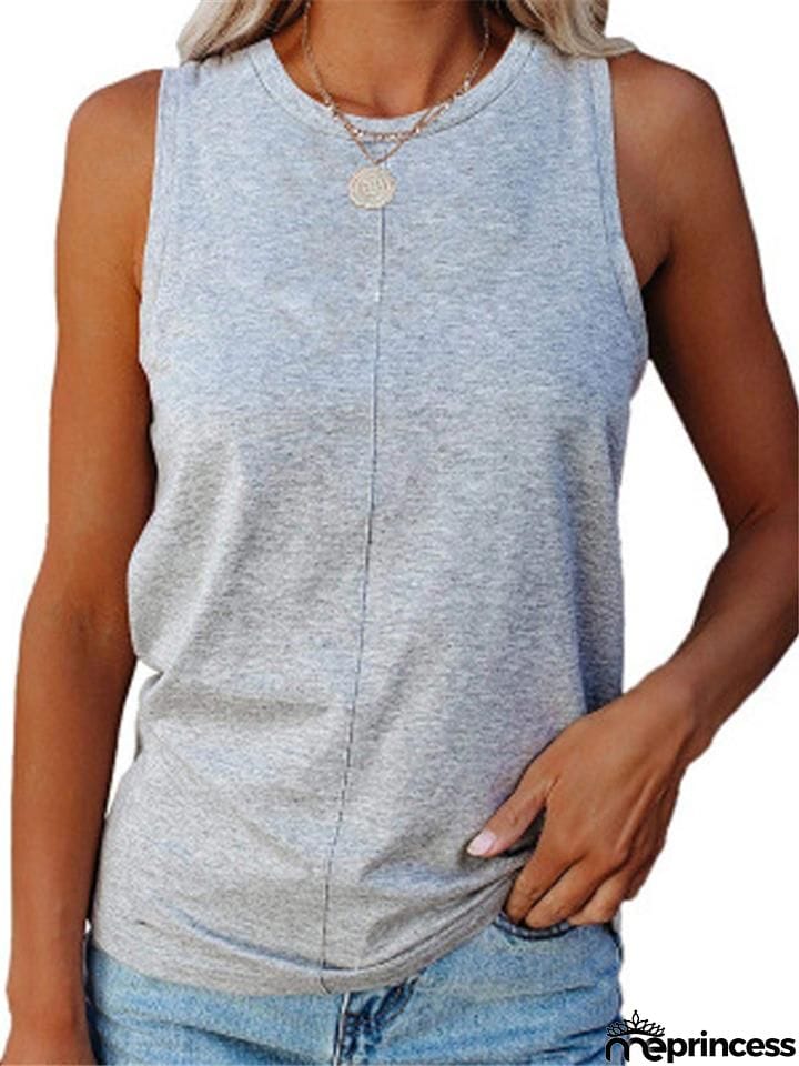 Relaxed Fit Round Neck Sleeveless Solid Color Tank Top