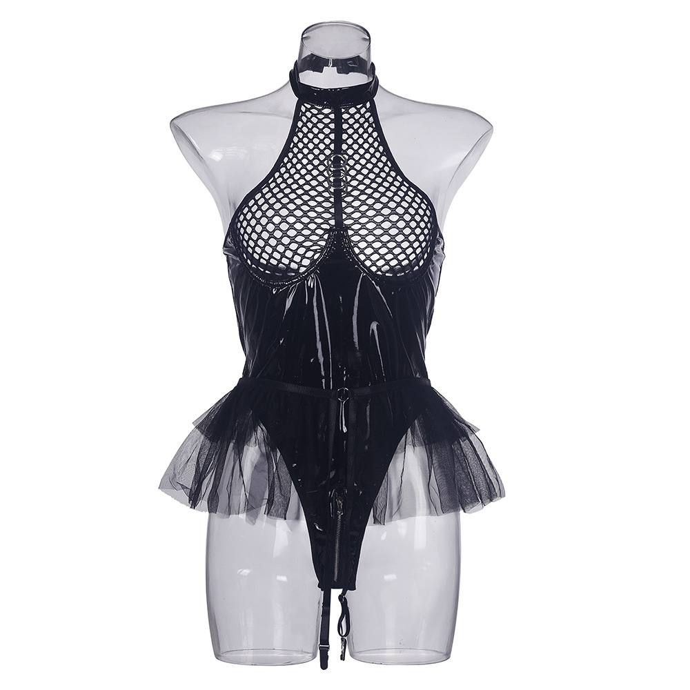 Gothic Dark Paneled Mesh Halter Bodysuit