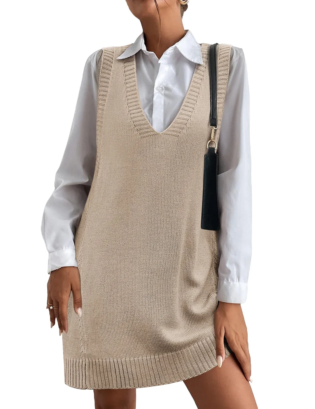 Women Oversized V Neck Sleeveless Knit Pullover Ribbed Vest Dress with Pockets (BUY 2 FREE SHIPPING)