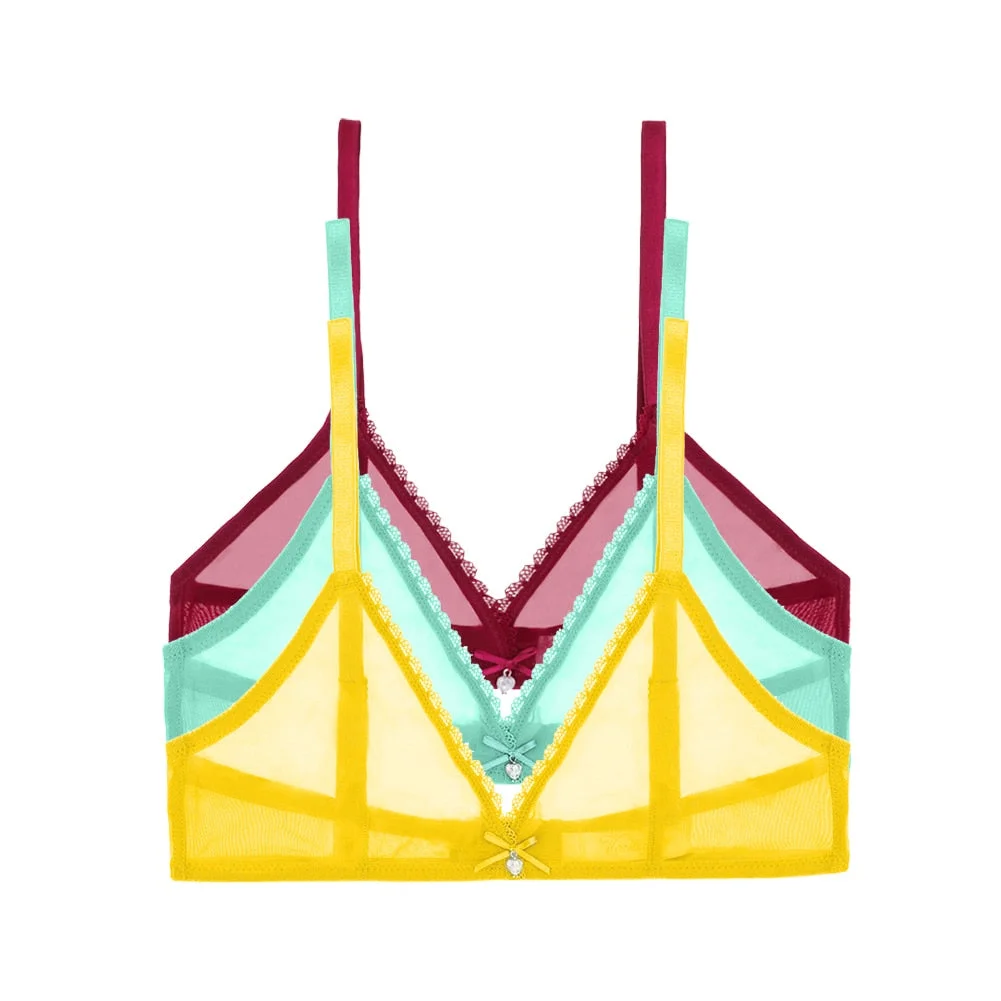 Varsbaby Sexy French Ultra-Thin Mesh Lingerie Lemon Yellow Mint Green Underwear Summer Breathable Bra Combination 3 PCS /Lot