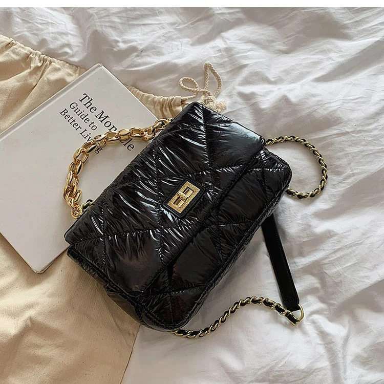Fashion Chic Chains Lingge Women Handbags Designer Space Padded Shoulder Bags Luxury Nylon Down Crossbody Bag Large Tote Purses