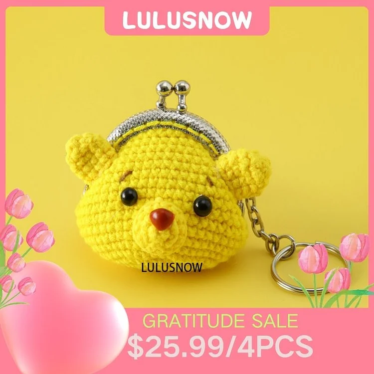 Lulusnow Handmade Yellow Cute Bear Crochet Coin Purse Keychain Bag Pendant Gift for Her/Friend/Kids/Christmas/Easter