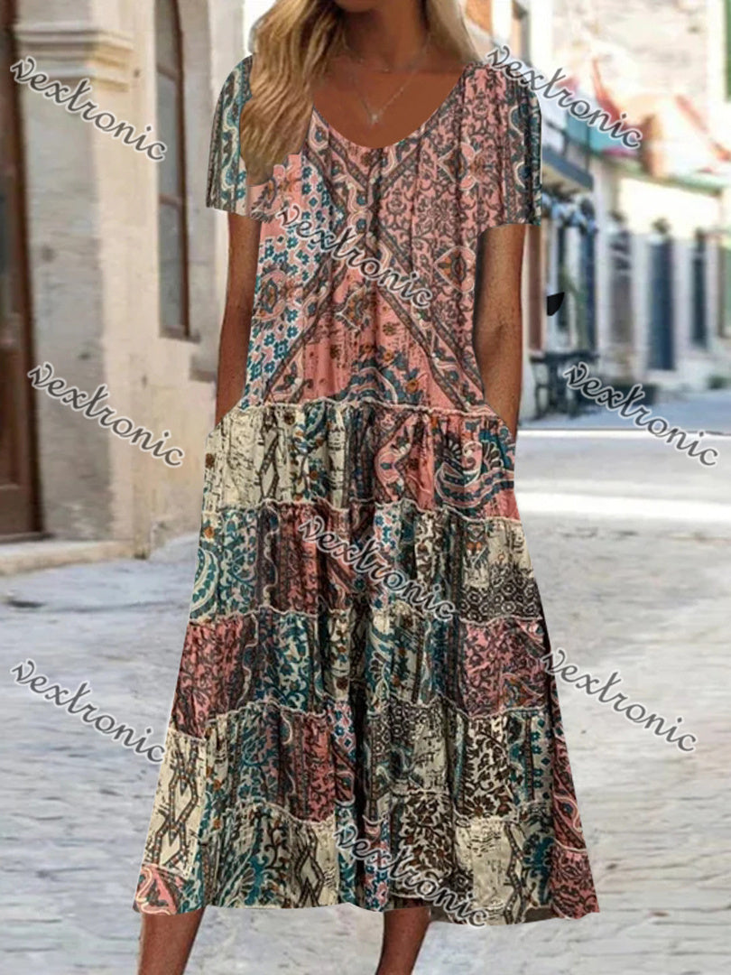 Women Short Sleeve Scoop Neck Floral Printed Stitching Maxi Dress
