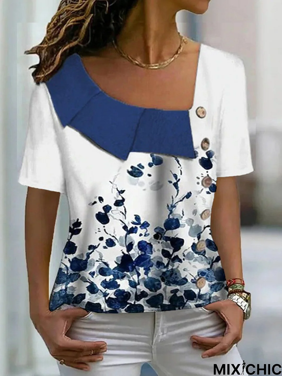 Floral Lapel Short Sleeve Loosen T-Shirt