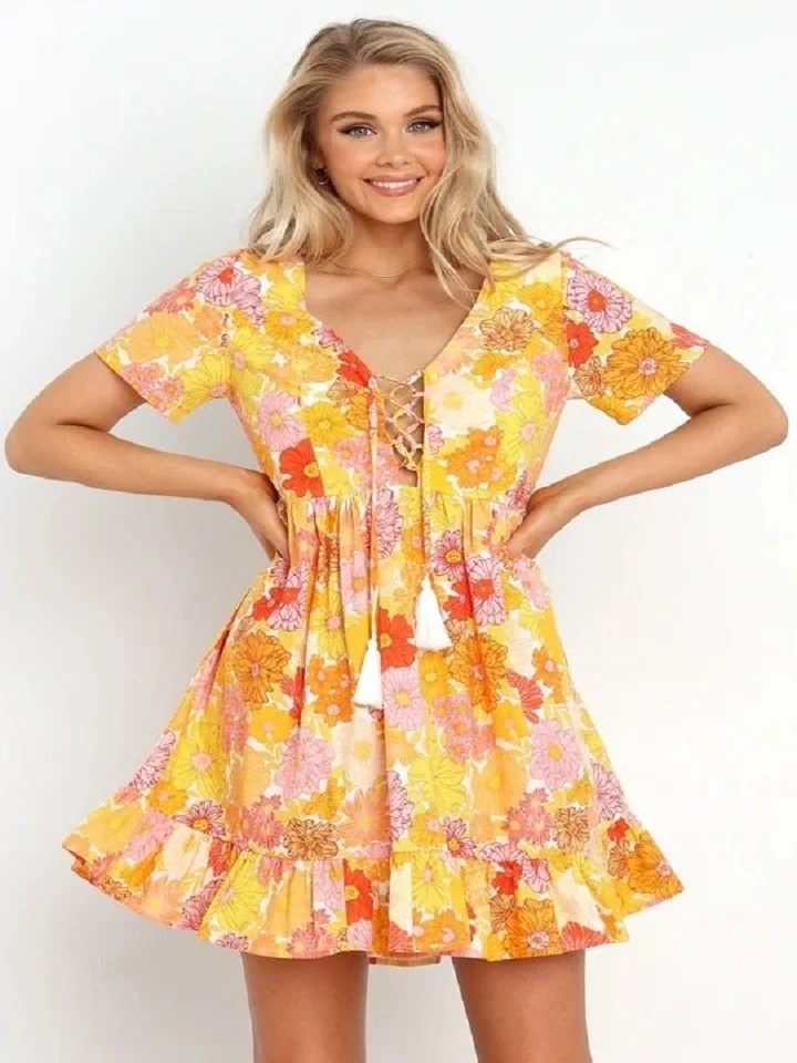 Printed Strap Ruffled Dress