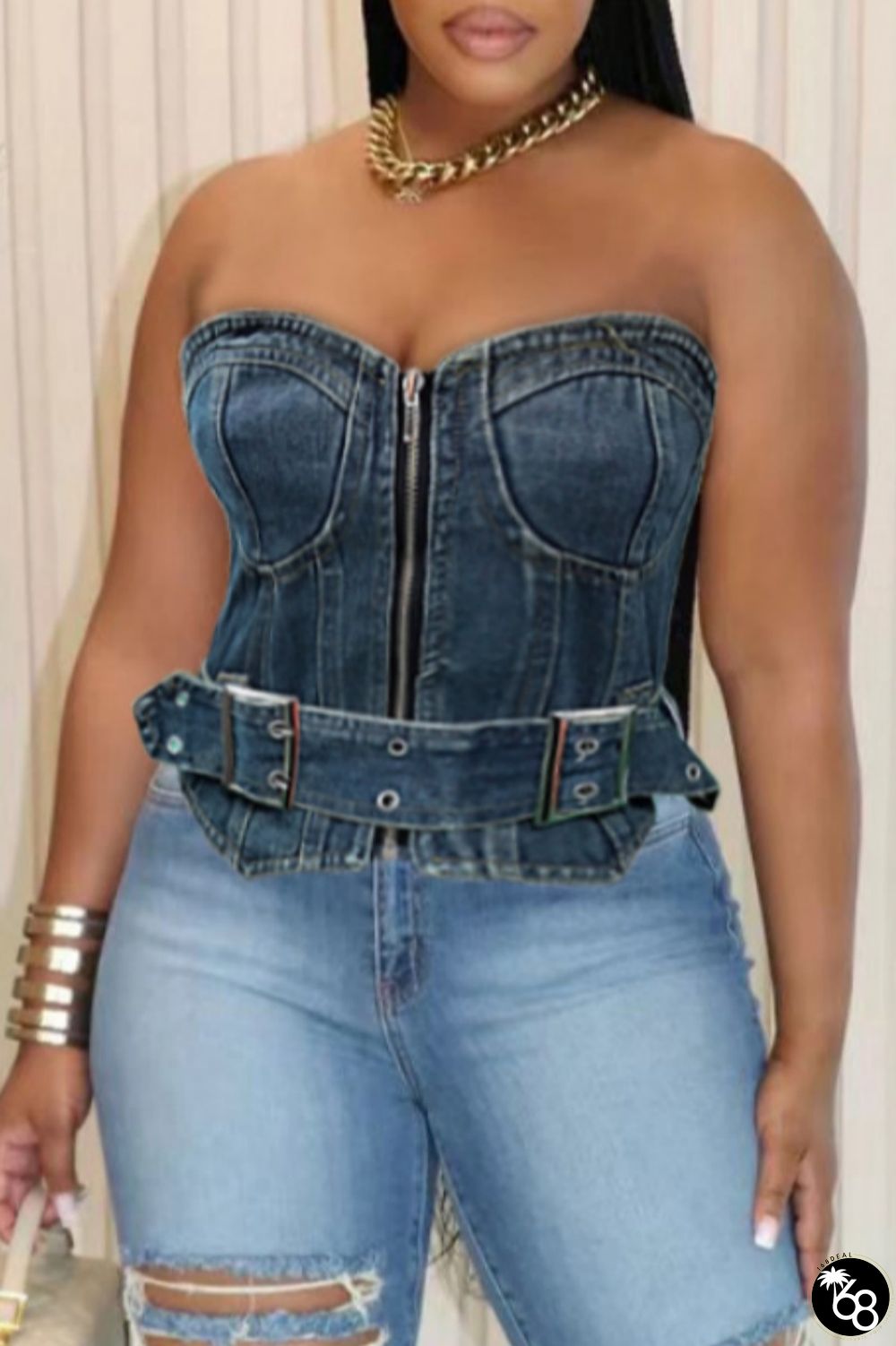 Sexy Casual Solid Patchwork Backless Strapless Sleeveless Skinny Denim | 168DEAL