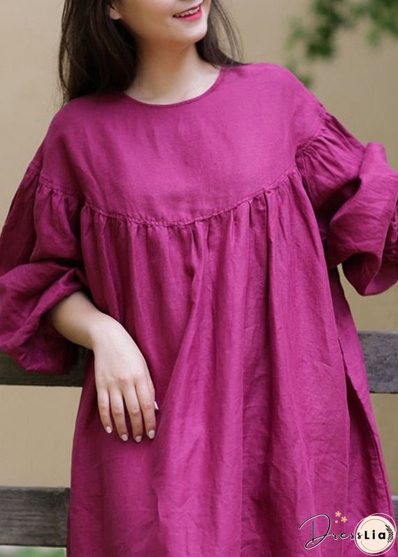 Loose Rose O Neck Button Solid Cotton Long Dress Fall