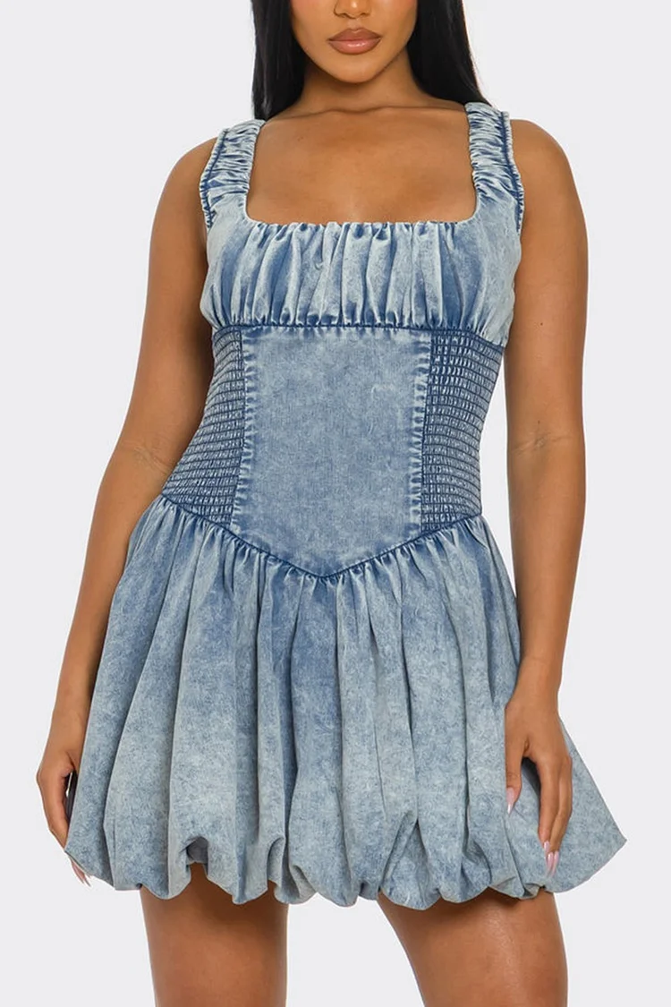 Plus Size Daily Blue Square Neck Bubble Milkmaid Smocking Denim Mini Dresses [Pre-Order]