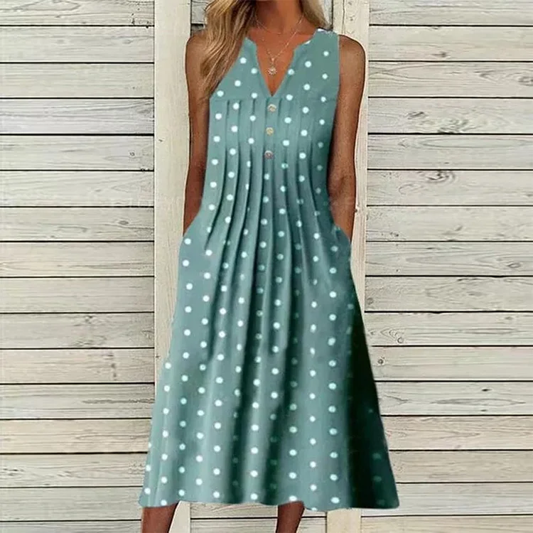 Polka Dot Print Sleeveless Botton Midi Dress