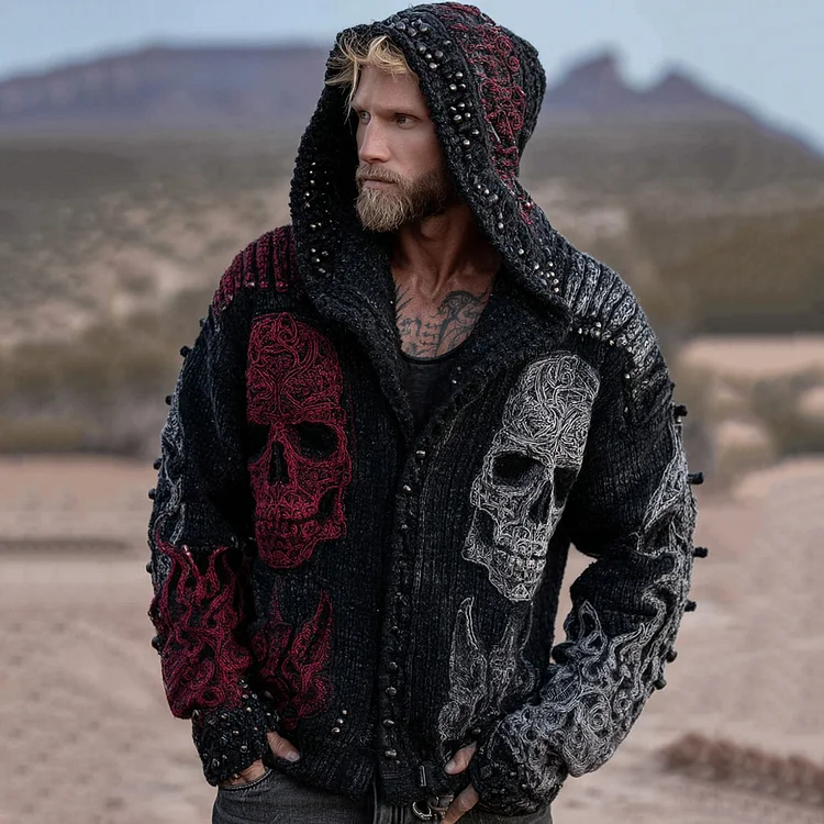 Men's Retro Skull And Flame Inspired Knitted Asymmetrical Design Zipper Up Hooded Cardigan