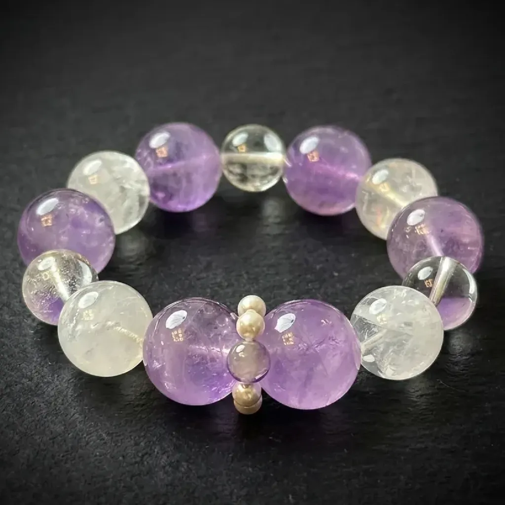 JiStones Ethereal Harmony: Brazilian Amethyst & Clear Quartz Crystal Bracelet Celestial Duo: Amethyst & Clear Quartz (16mm)