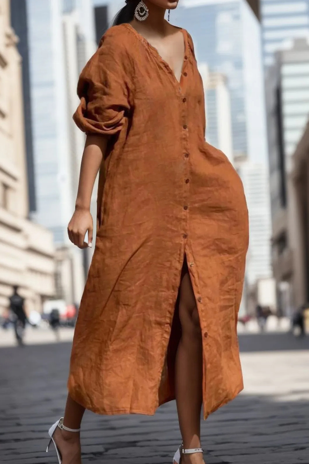 Plus Size Casual Burnt Orange Cotton And Linen Button Long Sleeve Shirt Midi Dress 2024 - Flycurvy 