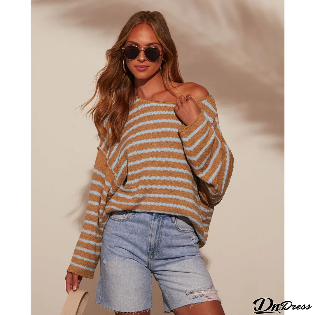 Women Striped Knitting Loose Bat Long Sleeve Sweater