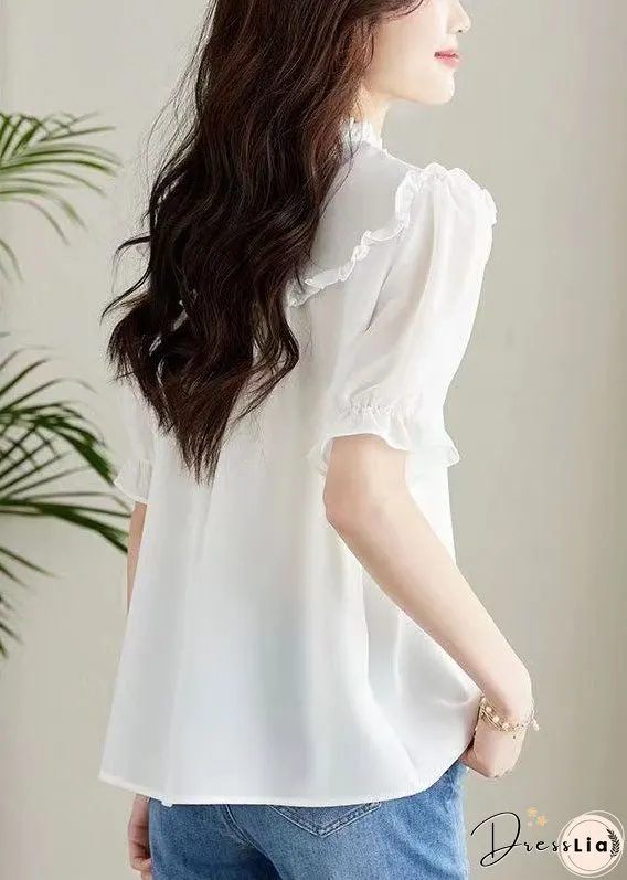 Women White Ruffled Chinese Button Patchwork Chiffon Shirt Top Summer