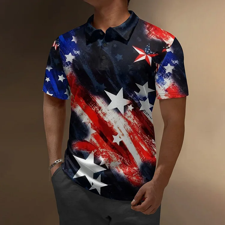 Comstylish USA Flag Button Down Short Sleeve Polo Shirt