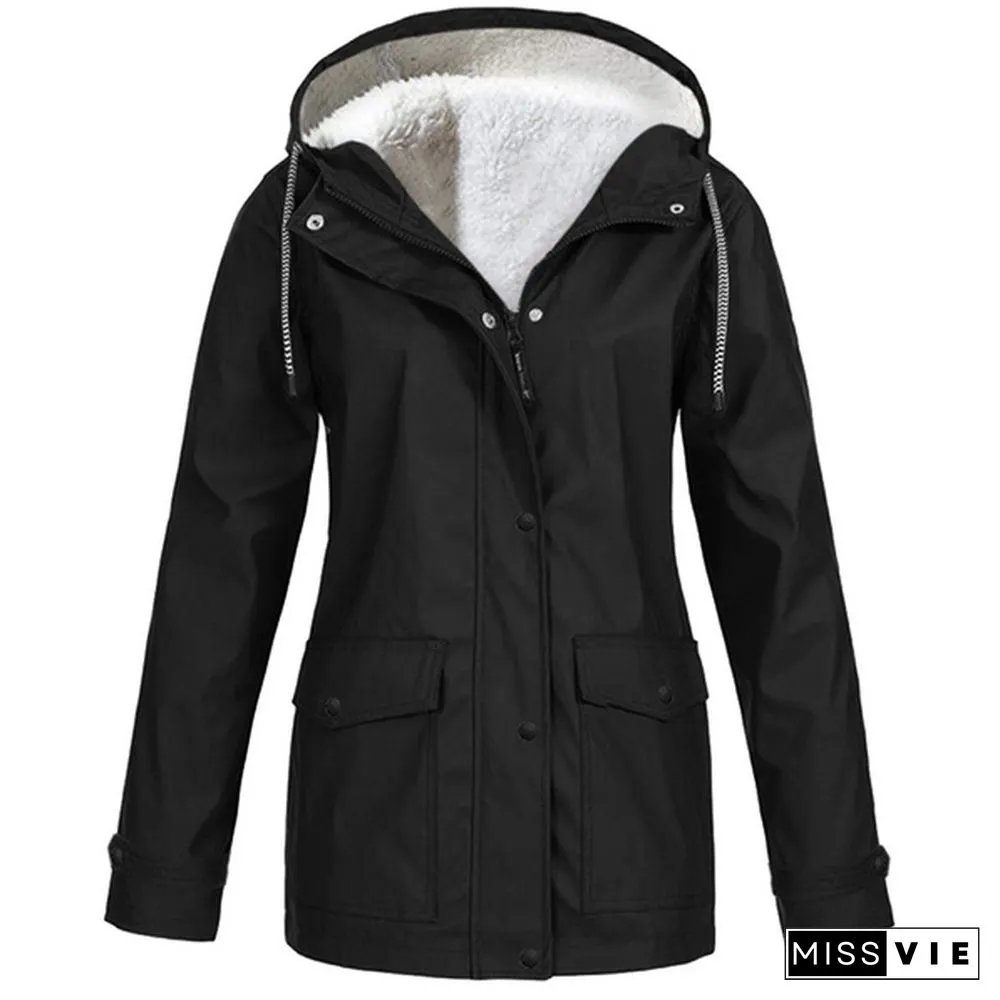 Womens Fashion All Seasons Outdoor Waterproof Rain Jacket Casual Loose Plus Size Hooded
