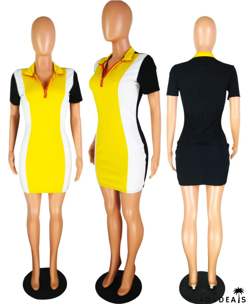 Color Block Zipper V Neck Mini Dress