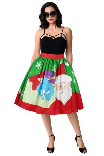 Womens Santa And Christmas Gift Printed Pleated Skirt Green-elleschic
