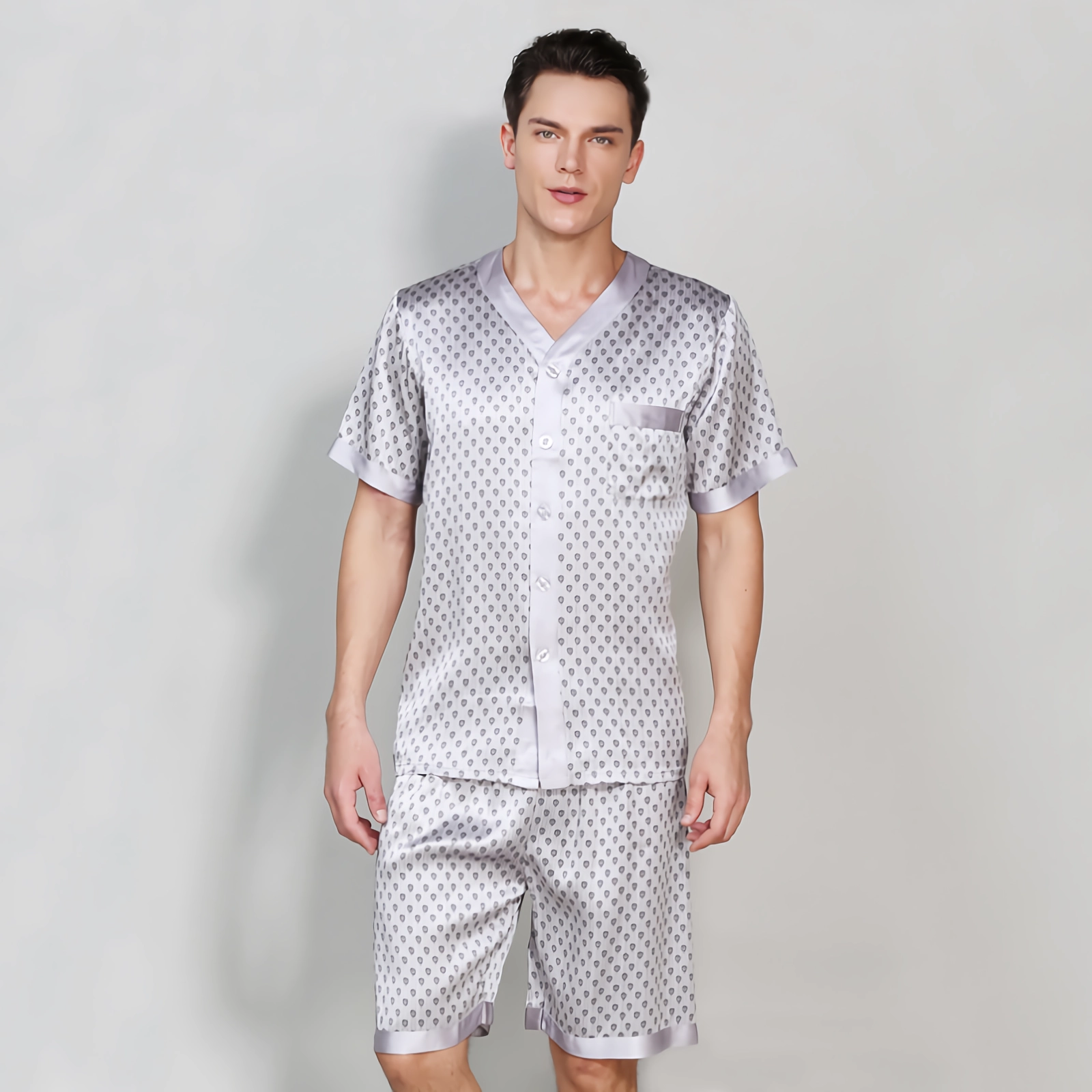 19 Momme Gray Silk Pajamas Short Set For Men REAL SILK LIFE