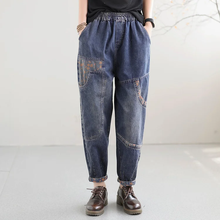 Women Autumn Loose Retro Patchwork Cotton Jeans