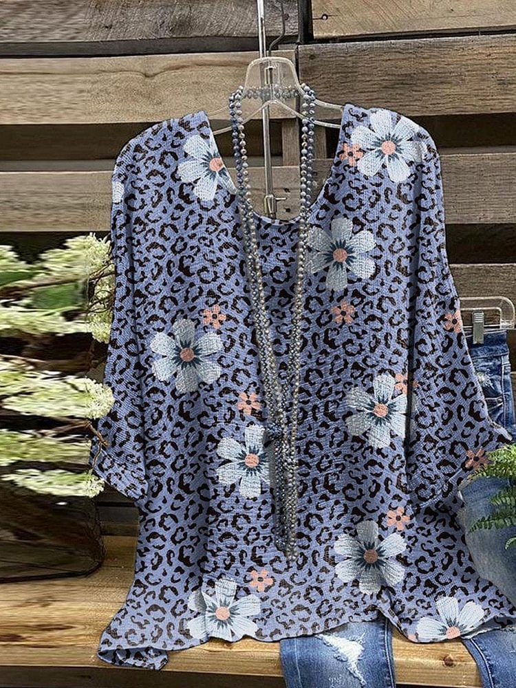 Women's Casual Leopard Flower Print Round Neck Half Sleeve Top