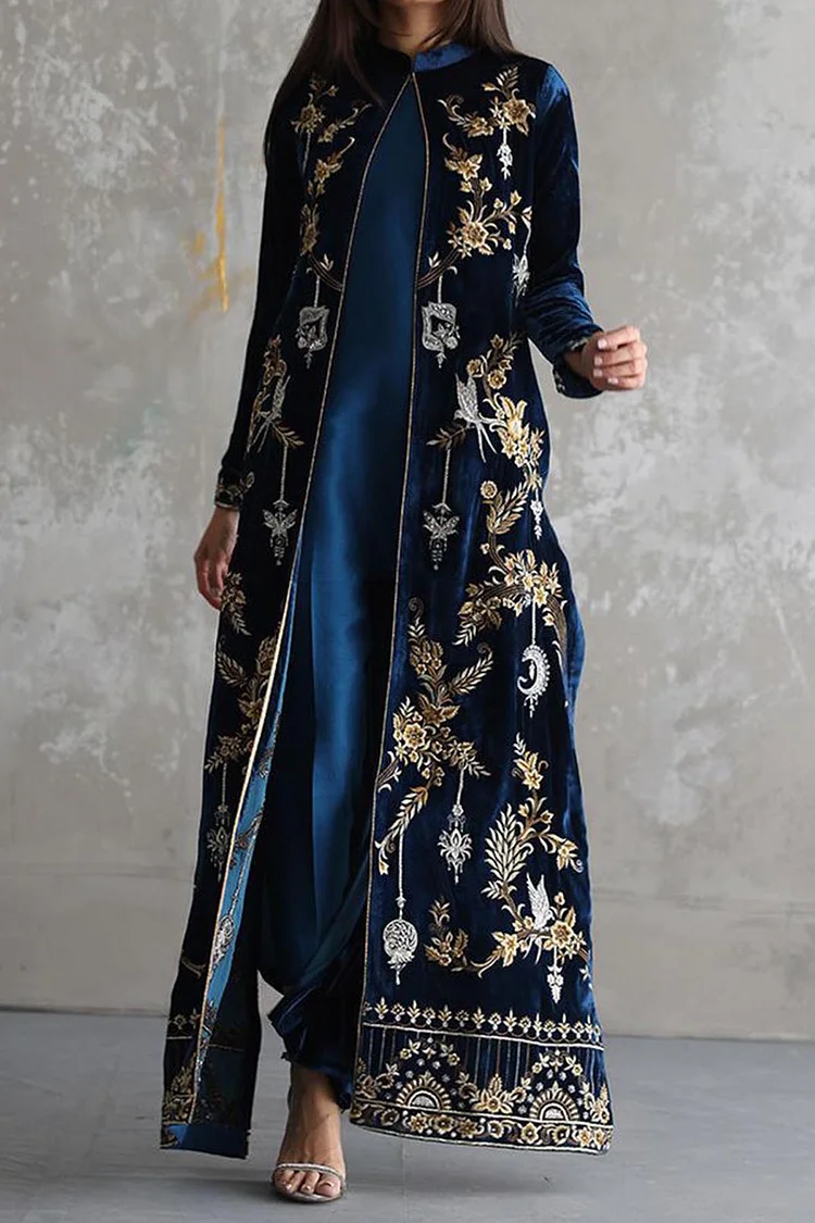 Ethnic Floral Embroidery Long Sleeve Cardigan Coat& Dress 2 Pcs Set