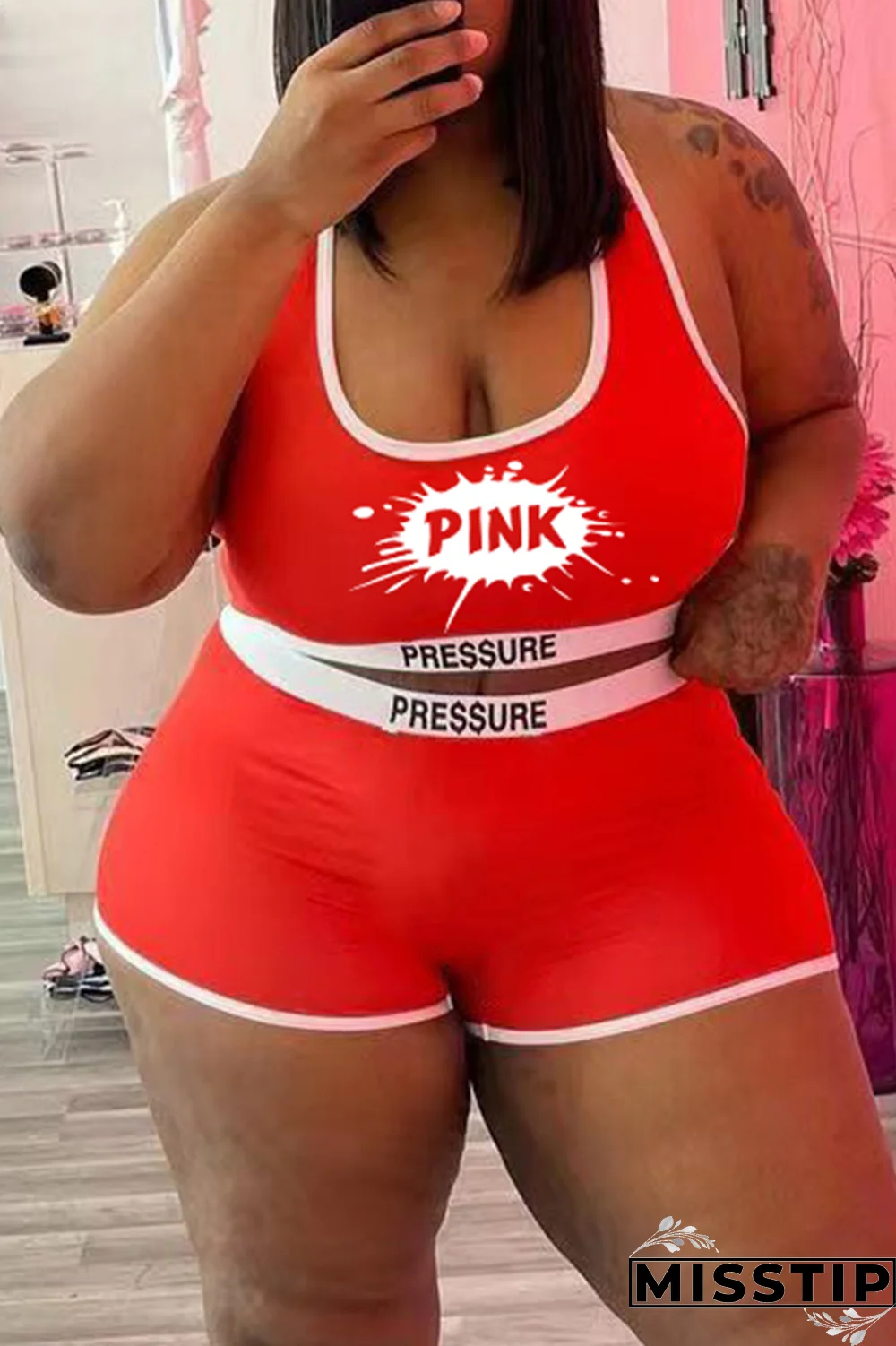 Black Street Print Patchwork U Neck Plus Size Two Pieces