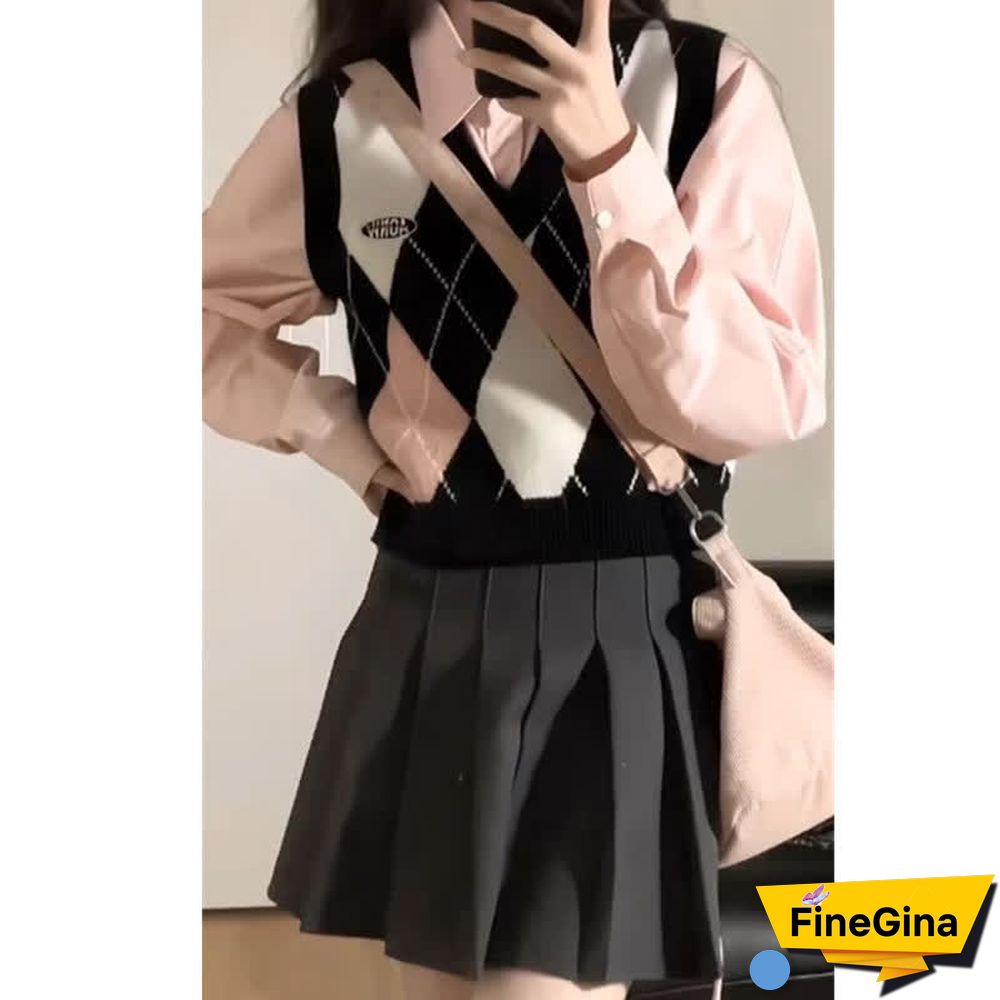 Colorblock Rhombus Print V-neck Vest Long Sleeve Shirt Pleated Skirt