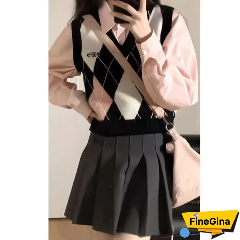 Colorblock Rhombus Print V-neck Vest Long Sleeve Shirt Pleated Skirt