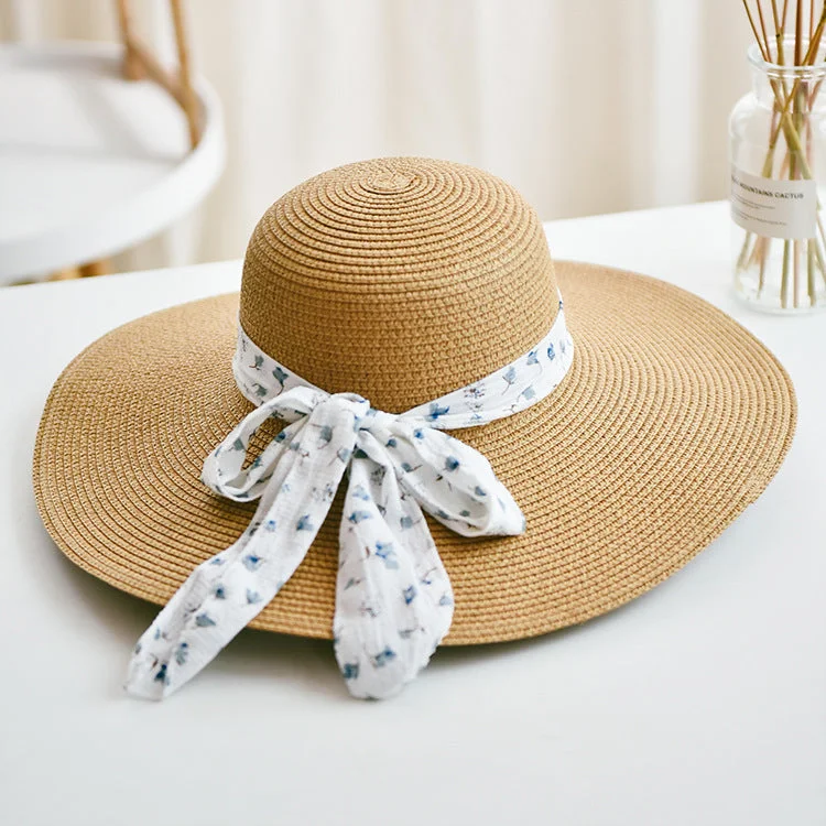 Women's Sun Hat Chiffon Streamer Large Brim Beach Straw Hat