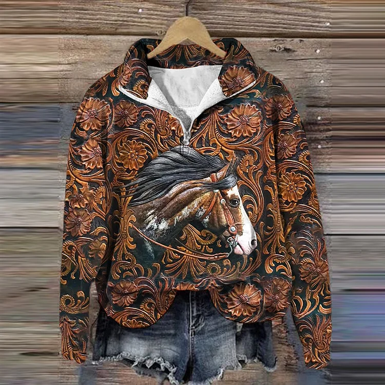 Comstylish Western Horse Print V-Neck Zipper Sweatshirt