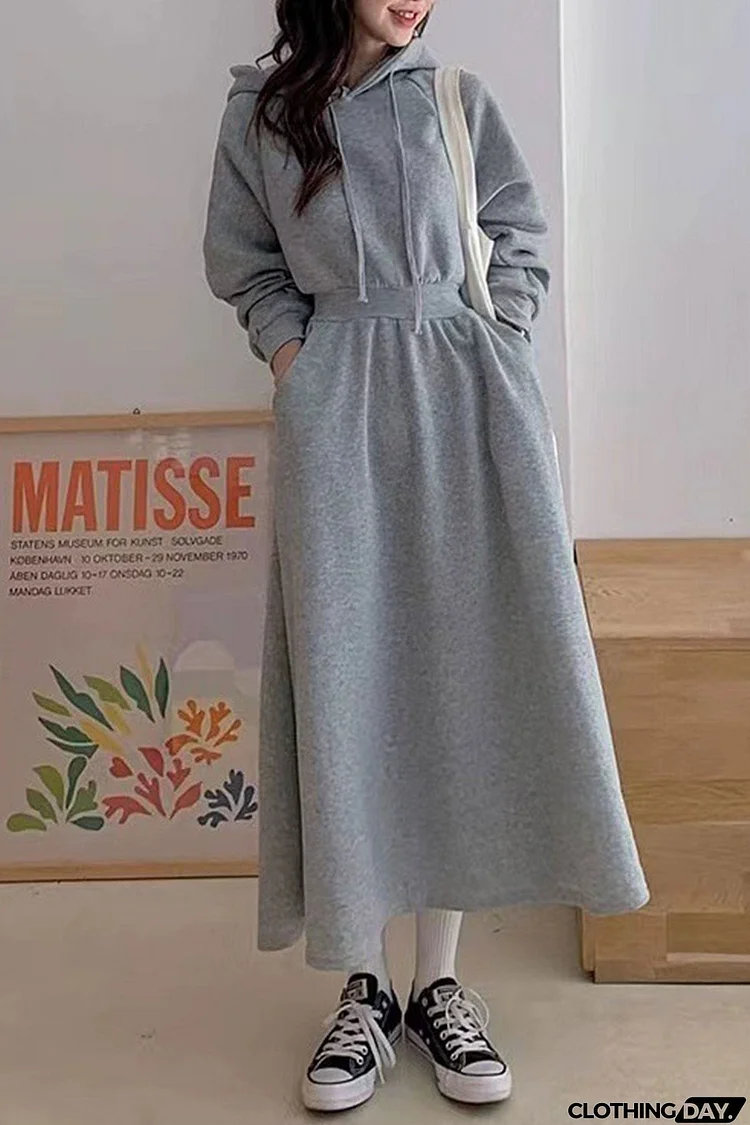 High Elastic Waist Long Hoodie Dress