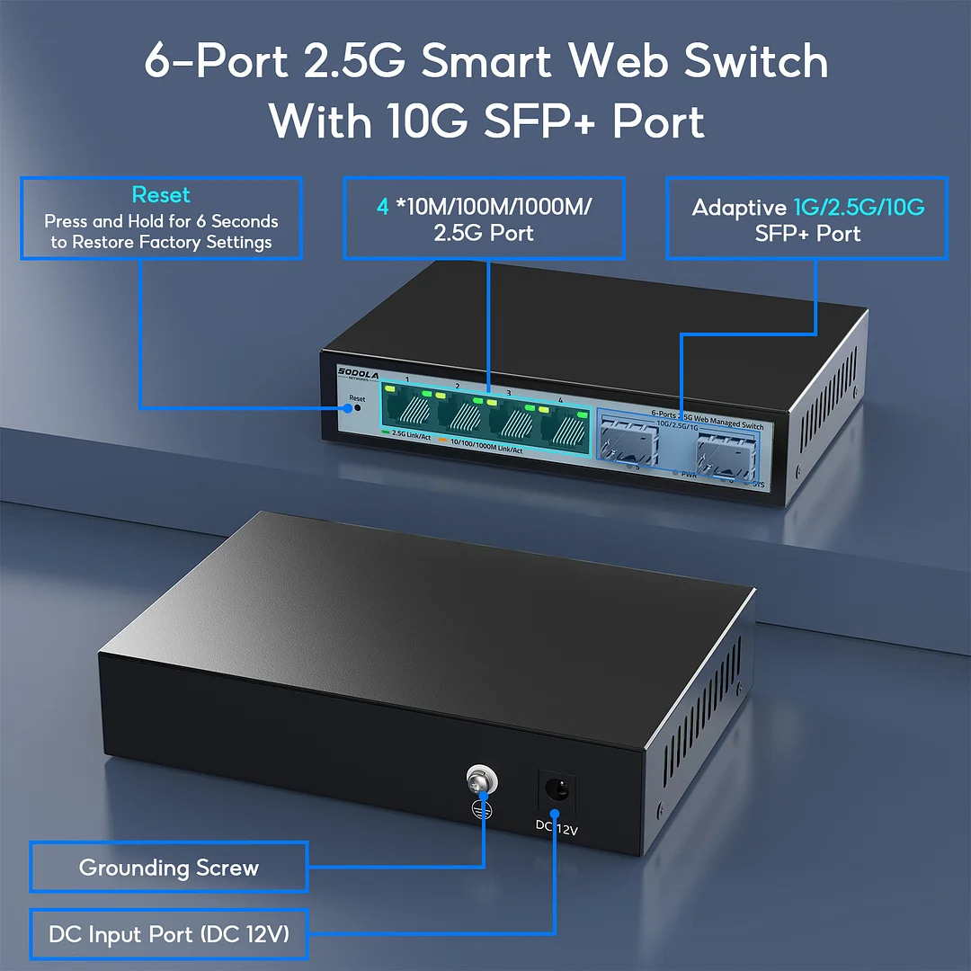 SODOLA 6 Port 2.5G Easy Web Managed Switch, 4 x 2.5G Base-T Ports, 2 x ...