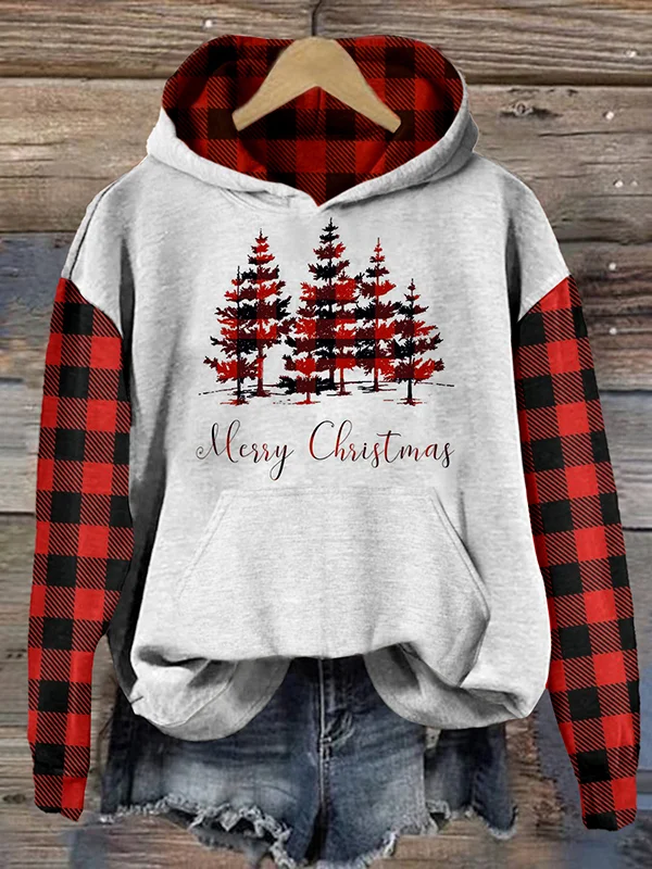 Women's Merry Christmas Tree Print Plaid Patchwork Hoodie