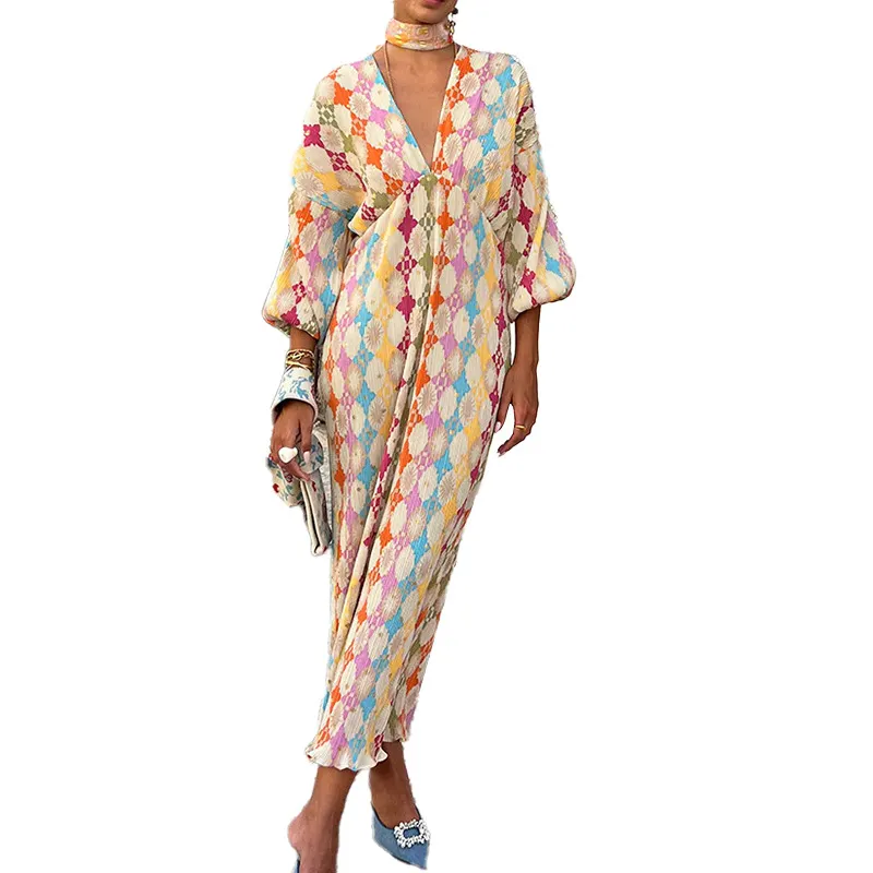 Brownm Brownm Women's Wear Temperament Elegant Printing Elegant V-Neck Lantern Half Sleeve A Line Dress Female