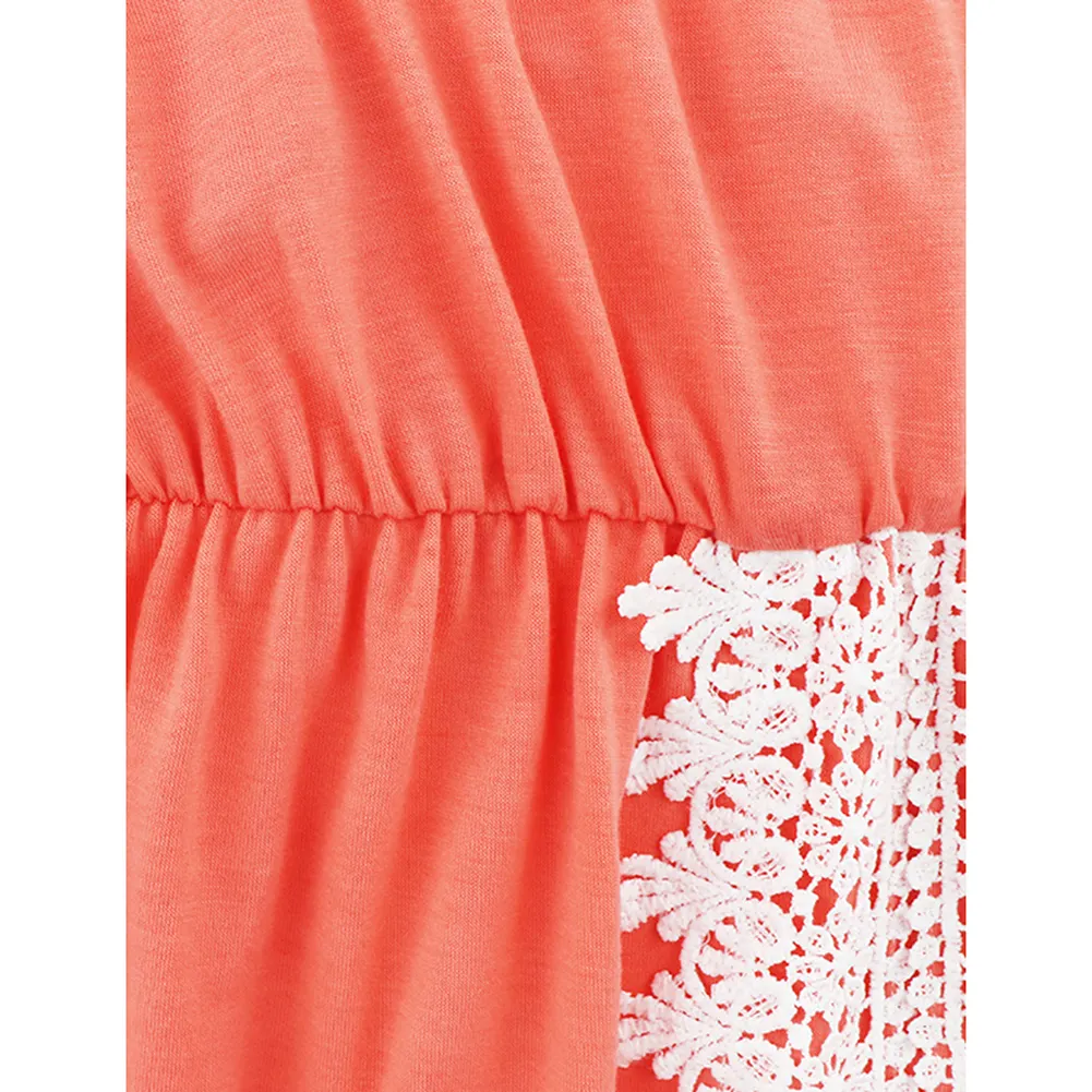 Pink Spliced Lace Trim Spaghetti Straps Dress