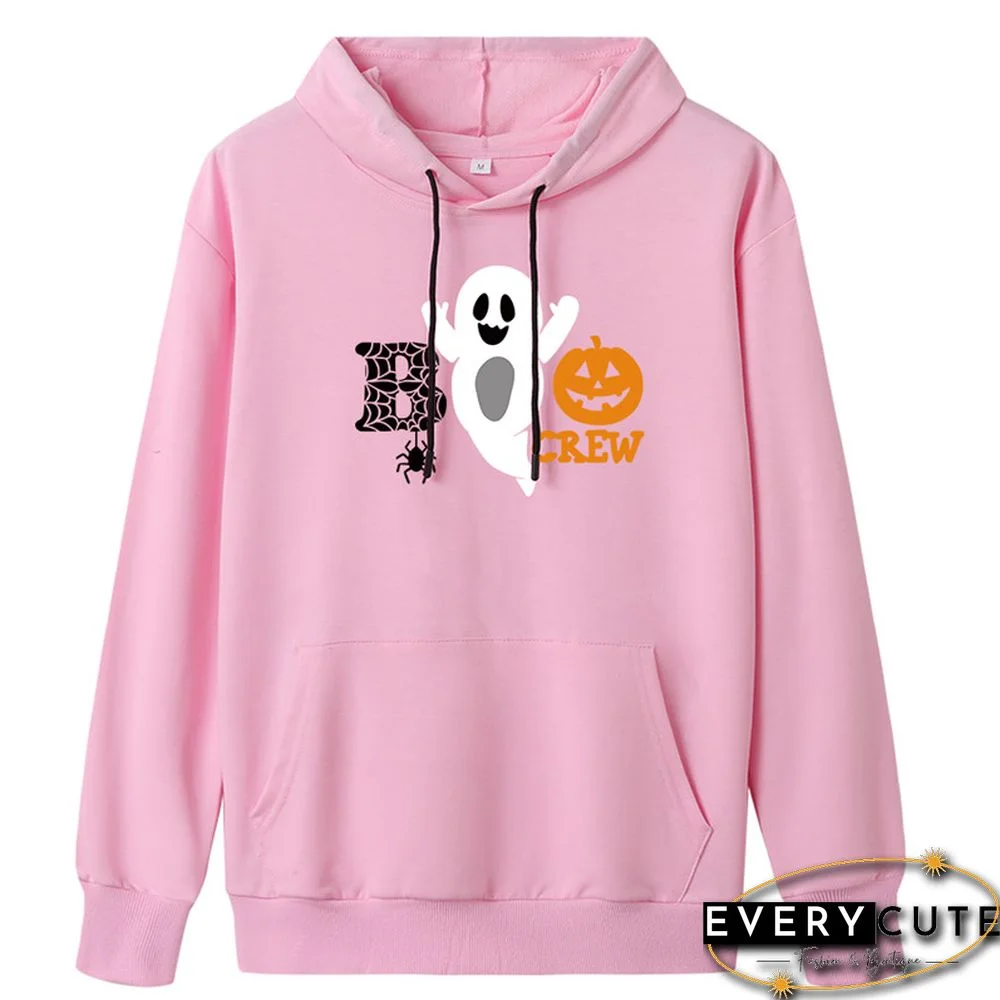 Pink Cotton Blend Boo Print Pullover Hoodie