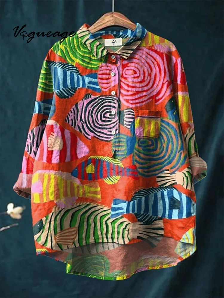 Colorful And Bright Design Line Fish Print Cotton And Linen Shirt