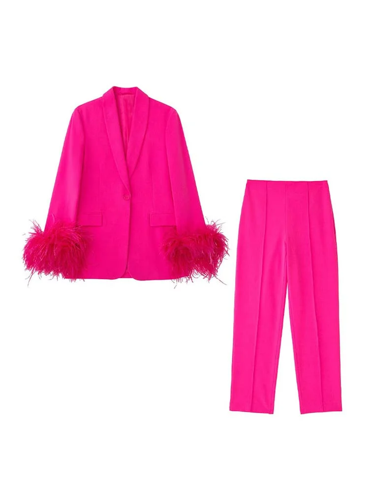 Breakj Sleeve Blazer Pant Sets Women Fashion Single Button Jacket Zipper Trousers Autumn Winter Office Outfits Outwear 2023