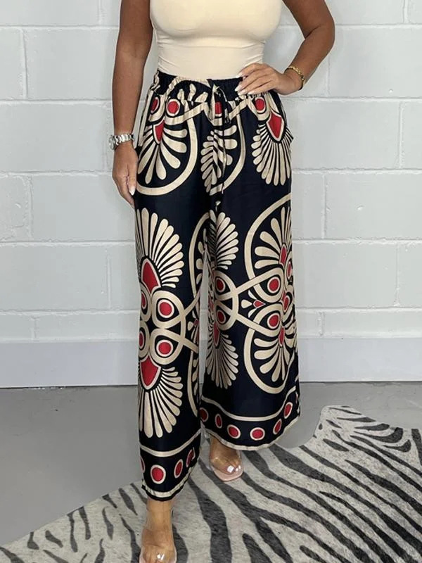 Mature Women's Summer Bohemian Vacation Vintage Printed Satin Casual Pants