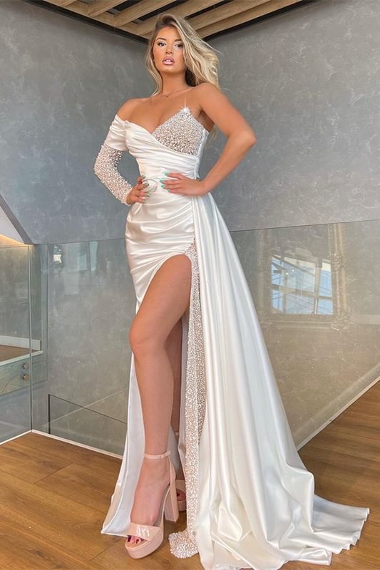 White Mermaid Long Sleeves Prom Dress Split With Sequins | Ballbellas Ballbellas