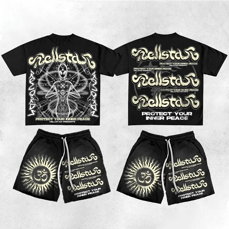Vintage Hellstar Protect Your Inner Peace Graphic T-Shirt And Mesh Shorts Co-Ord T-Shirt Set